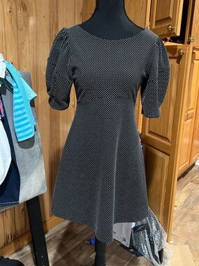 Free People Black Polka Dot Midi Dress with Puff Sleeves